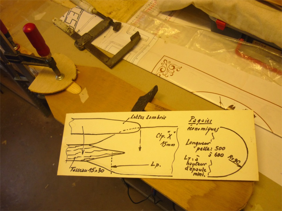Les deux images suivantes, toujours de Claude, montrent la réalisation d'une pagaie avec des matériaux de récupération. Voici le schéma, avec la pelle en dessous, en cours de collage sur le manche. 