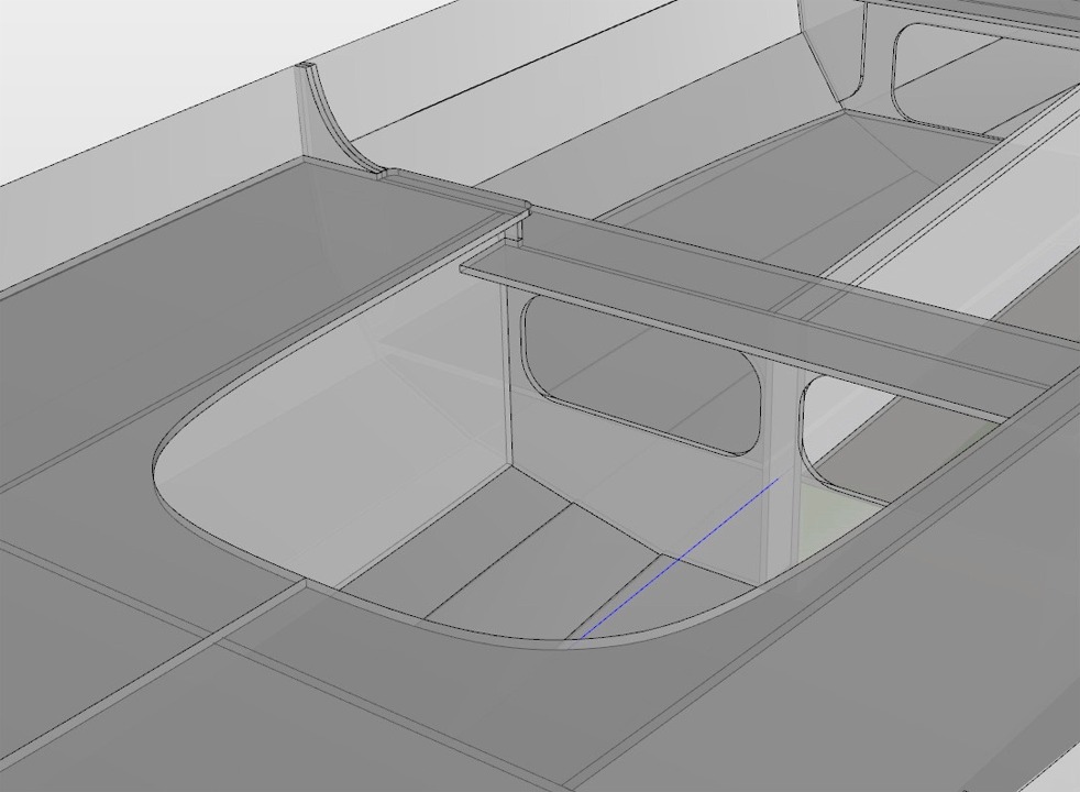 Vue du cockpit du barreur. Il faudra, comme sur Gandalf, passer des tubes PVC &agrave; travers les r&eacute;servoirs de ballast pour que l'eau des fonds puisse &ecirc;tre &eacute;puis&eacute;e aussi bien depuis l'avant ou l'arri&egrave;re. 