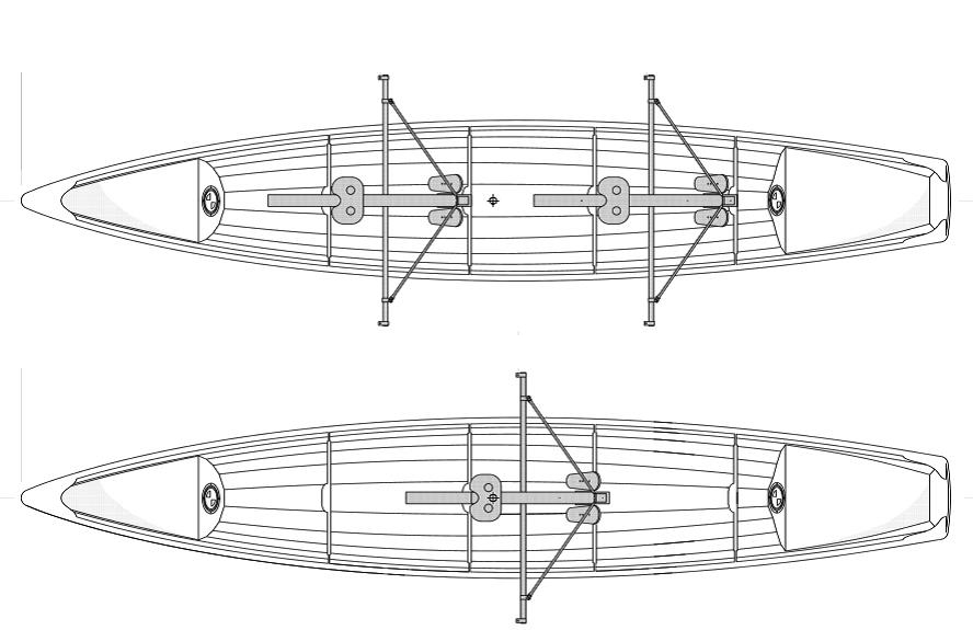 Comme le montre le schéma ci-dessus, l'Annapolis Wherry Tandem peut être configuré pour nager en double ou en simple. Pour une raison qui m'est inconnue, l'écartement (la maille) entre les membrures 3 et 4 est plus petit que celui entre les membrures 2 et 3 et 4 et 5, respectivement. Le Piantedosi qui sera positionné alternativement en position centrale ou en position avant (choix arbitraire de ma part) doit donc comporter 3 trous de fixation, alors que celui qui ne sera utilisé qu'en position arrière (toujours arbitrairement) se suffira de deux trous. 