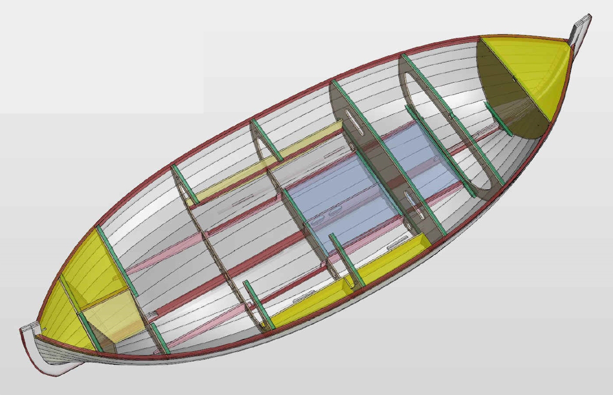 Cette vue 3D fournie par l'architecte Fran&ccedil;ois Vivier illustre la distribution des r&eacute;servoirs &eacute;voqu&eacute;s pr&eacute;c&eacute;demment. Le ballast est en bleu et les compartiments de flottabilit&eacute; sont en jaune. Le compartiment lat&eacute;ral sur b&acirc;bord sym&eacute;trique au compartiment &eacute;tanche longitudinal du cockpit est ouvert, afin de ne pas d&eacute;s&eacute;quilibrer le bateau lorsqu'il serait inond&eacute;. 