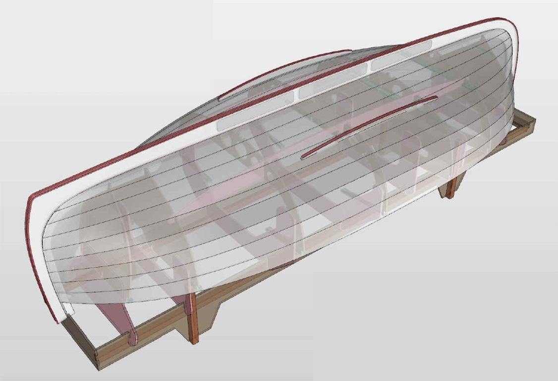 Un ensemble fausse &eacute;trave - fausse quille - faux &eacute;tambot est rapport&eacute; sur l'ext&eacute;rieur de la coque. Cet ensemble constitu&eacute; de 4 &eacute;paisseurs de contreplaqu&eacute; coll&eacute;es contient le lest de 40 kg de plomb dans les 3 poches pratiqu&eacute;es dans les 2 &eacute;paisseurs centrales de la fausse quille. Deux petites quilles lat&eacute;rales compl&egrave;tent cet ensemble. Le gouvernail contribue significativement au plan de d&eacute;rive. 