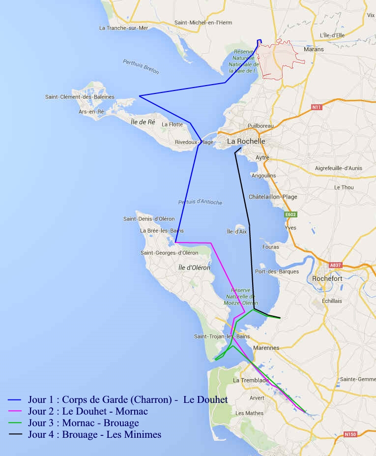 Voici un schéma du parcours jour par jour mitonné par Gilles Montaubin et l'équipe charentaise. En fait, nous avons été 4 bateaux (le Minahouet "Pinocchio", le Skerry "La Marie Pupuce", la Yole de Chester "Atipik" et "Gandalf") à démarrer le mercredi 22 juin des Minimes, c'était l'occasion de s'amariner sur le plan d'eau des Pertuis et de boucler la boucle car l'arrivée dimanche est prévue aux Minimes, et il était donc plus simple d'y laisser voitures et remorques plutôt qu'à Charron. 