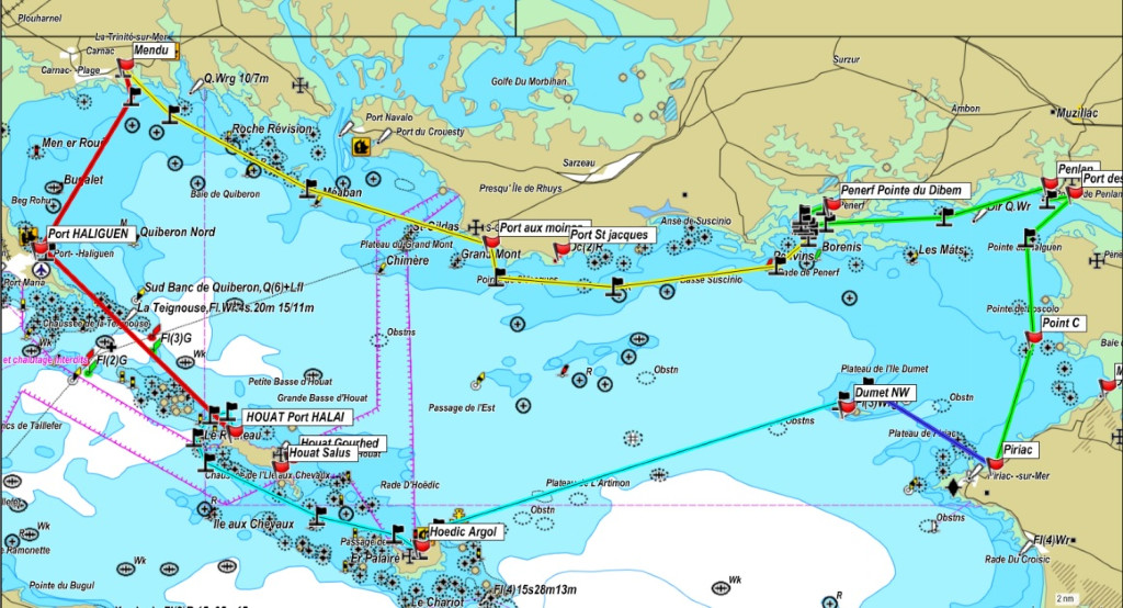 Le parcours prévu nous faisait partir le mercredi 19 juin de Piriac, dormir à Penerf, rallier Carnac le jeudi soir, puis Port Halai sur l'ile de Houat vendredi, l'ile Dumet samedi et retour à Piriac dimanche matin. Ce parcours sera légèrement modifié car nous avons finalement dormi sur Hoedic le vendredi et à Piriac samedi soir. 