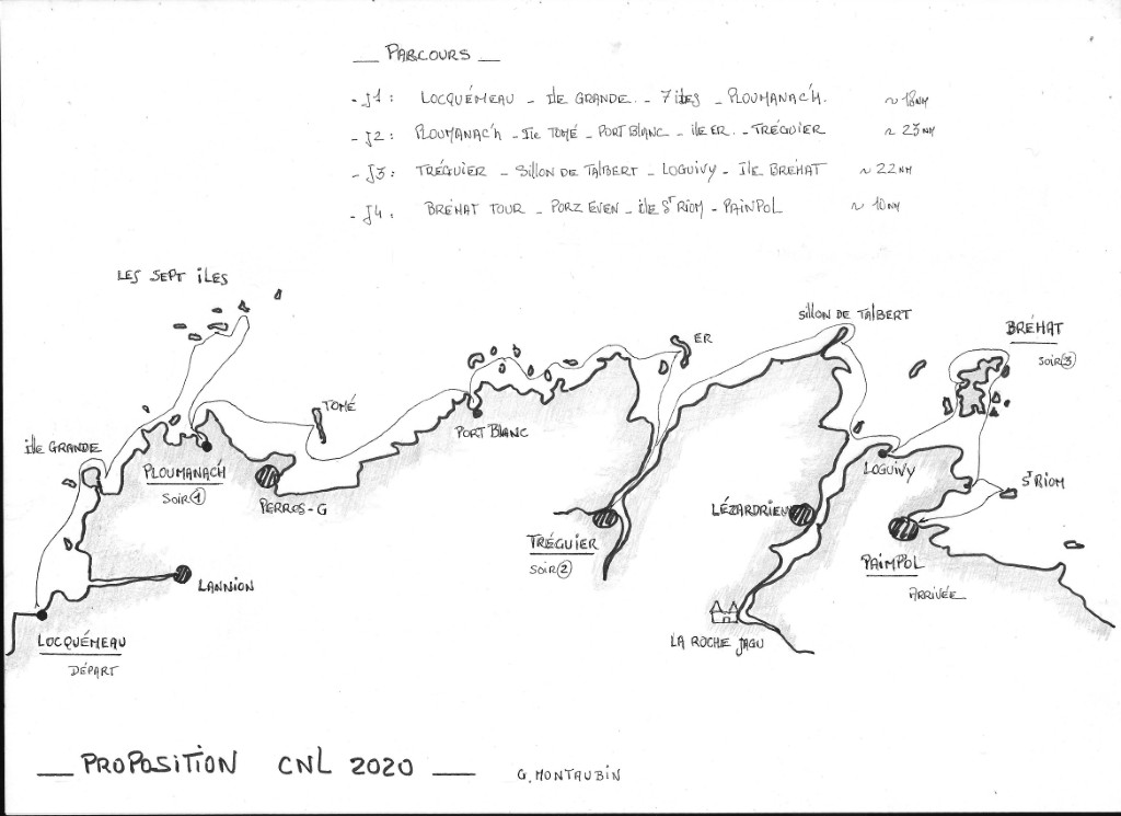 Voici la carte dessinée par Gilles Montaubin pour le parcours de cette année. Départ samedi matin de Trébeurden pour un tour à travers l'archipel des Sept-Iles, retour le soir à Ploumanach. Dimanche : ile Tomé, Port-Blanc, ile d'Er et remontée du Jaudy jusqu'à Tréguier. Lundi : descente du Jaudy, passage de la Gaine entre la pointe du sillon de Talbert et le phare des Héaux de Bréhat, Loguivy, et Bréhat (La Corderie). Mardi : tour de Bréhat, Pors Even, ile Saint-Riom et fin à Paimpol. Le programme du 1er jour a été un peu simplifié, nous n'avons vu que l'Ile aux Moines, rien des six autres iles. Celui du second jour aussi, à cause du fort vent (15 à 25 kt), la majorité de la flottille a fait une trace directe de Ploumanach à Tréguier. Programme respecté le troisième jour, et pour le dernier jour, nous avons décidé de terminer à Lézardrieux plutôt qu'à Paimpol. 