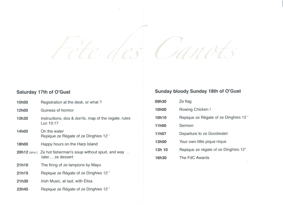 Je ne r&eacute;siste pas au plaisir de terminer en vous joignant l'agenda de la F&ecirc;te des Canots &agrave; Rock'n Rolle, les 17 et 18 ao&ucirc;t, &agrave; laquelle je ne cesse de me lamenter de ne pas aller, cette ann&eacute;e encore (mais bient&ocirc;t, j'irai).