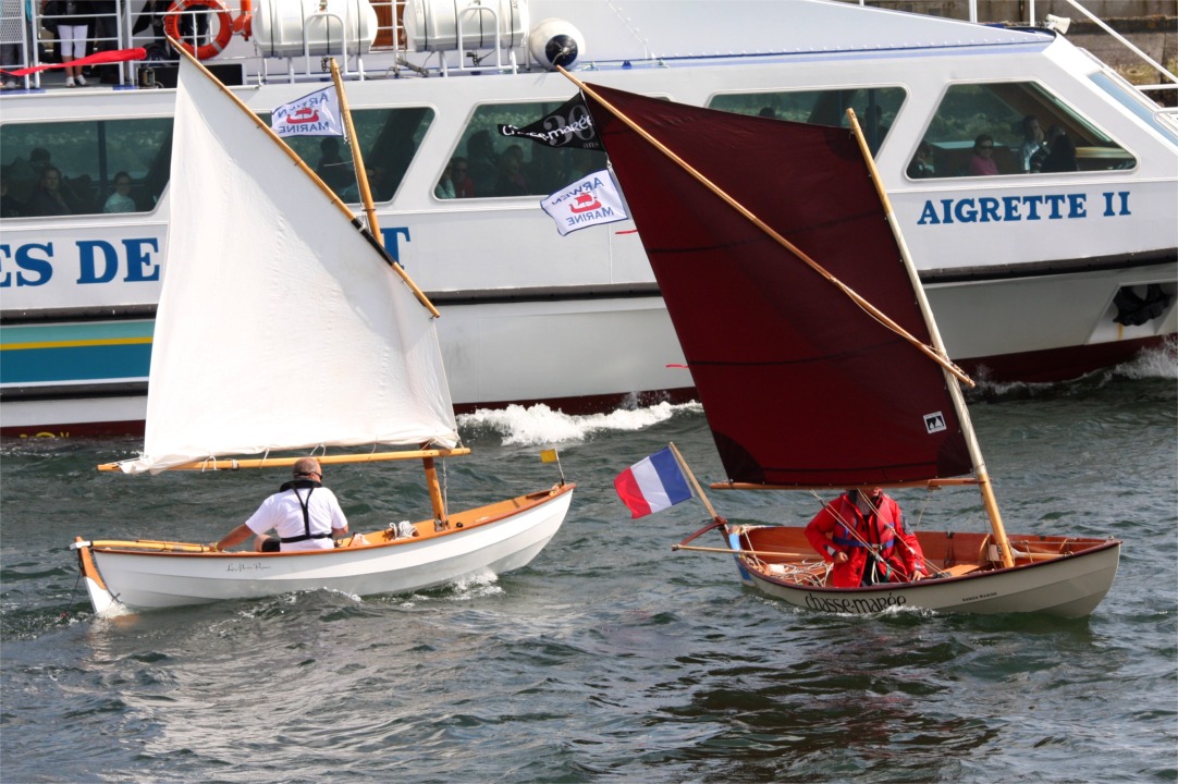 Les Skerry virent de bord pour laisser sa priorité à l'Aigrette (les bateau de transport de passagers sont toujours prioritaires, m'a-t-on dit). Gérard a pris deux ris dans sa voile au tiers et ne semble pas honteusement sous-toilé par rapport à Didier (qui ne peut pas prendre de ris). 