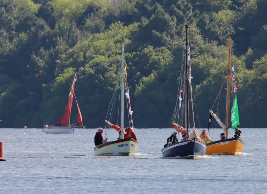Les trois images suivantes me sont envoy&eacute;es par Ronan, qui s'est arr&ecirc;t&eacute; quelques minutes sur la route de "Vilaine en F&ecirc;te" pour prendre ces photos de "Thema", &agrave; bors duquel Pierre et Katia participaient. Ici on les voit &agrave; l'arri&egrave;re-plan, &agrave; la voile derri&egrave;re trois Ollonois au moteur. 