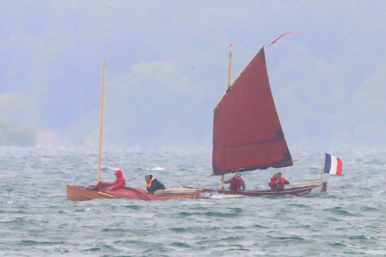 La misaine de "Mounouf" vient de tomber car le noeud qui accrochait la vergue à la drisse vient de se défaire. "Mounouf" rentrera au bord sans souci à l'aviron car nous étions au vent de la côte. Quand on a le choix, toujours partir contre le vent ou le courant prévu, afin de rentrer au portant et/ou courant portant. Je dois avouer que je ne me suis pas informé des courants du lac du Der... 