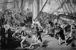 Nelson est mortellement blessé par un coup de feu tiré depuis le gréement du Redoutable, alors que le Victory est presque bord à bord.