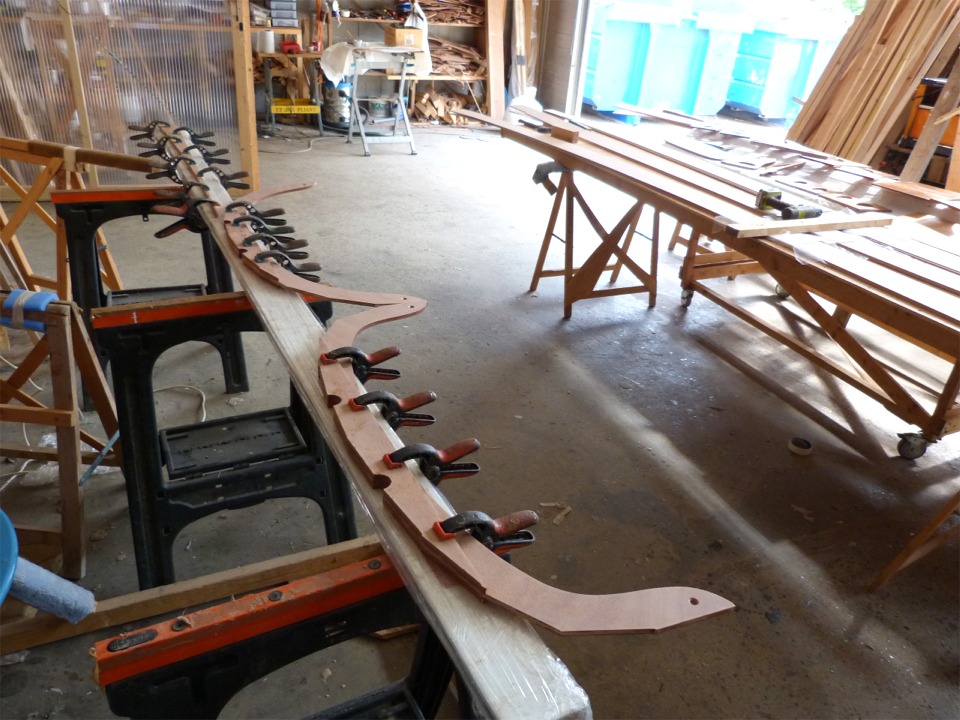 Je colle les deux &eacute;paisseurs de l'aileron et les quatre pi&egrave;ces de chaque membrure : deux demi-membrures sont prises entre deux varangues. Tout est tenu pendant le collage gr&acirc;ce &agrave; des pinces sur la r&ecirc;gle en aluminium afin que les pi&egrave;ces coll&eacute;es soient rectilignes. 