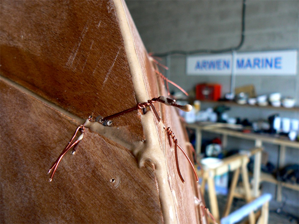 En effet, certaines sutures sont bien collées. Ici, c'est l'étrave en gros plan. J'ai essayé de faire des pointillés aux endroits des sutures, mais la résine ça coule... Le trou non utilisé au premier plan en bas est l'exemple de ce qu'il ne faut pas faire (en plus de percer des trous qui ne servent à rien) : j'ai marqué le bois avec l'extrémité du mandrin de la perceuse, car je n'avais pas collé un petit bout d'adhésif sur le forêt afin de m'arrêter avant. Si simple, mais à quoi bon si on ne le fait pas... 