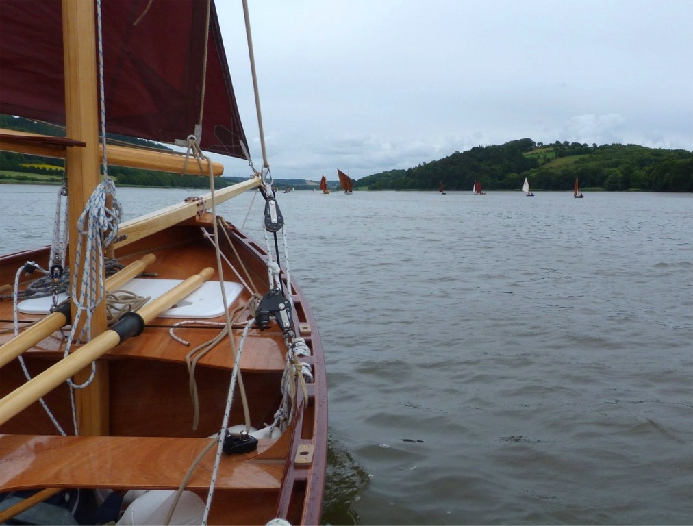 Gros plan sur le palan de la bastaque tribord : un mousqueton permet de décrocher la poulie haute de la bastaque quand on démate, le palan reste sur le bateau. Quand la bastaque est mollie, un élastique (noir) la ramène au travers du mât afin qu'elle soit hors du chemin de la bôme. 