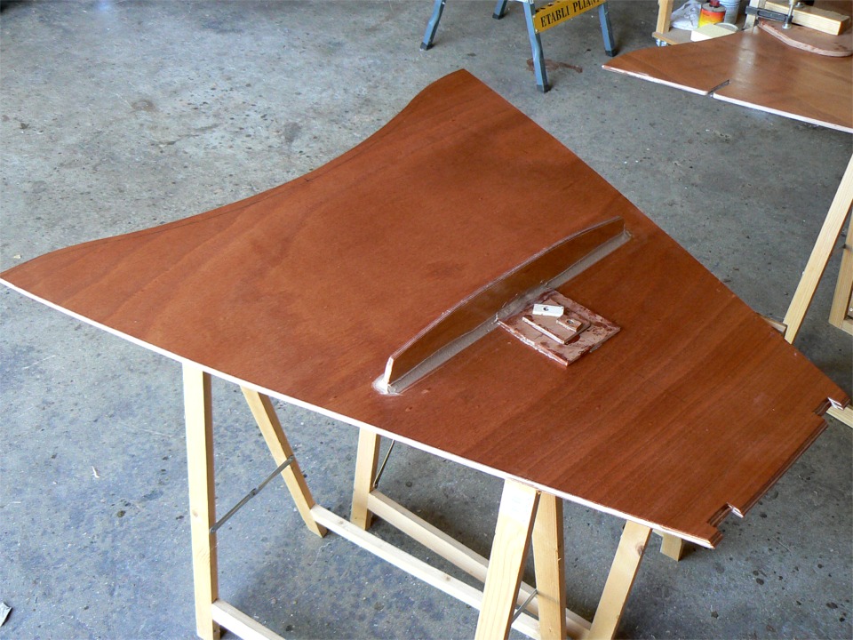 Voici la face inf&eacute;rieure du panneau du caisson arri&egrave;re. Je viens de coller un raidisseur transversal pour limiter sa flexion, et un renfort en deux couches de contreplaqu&eacute; de 6 mm &agrave; l'endroit o&ugrave; je fixerai un taquet d'amarrage. 