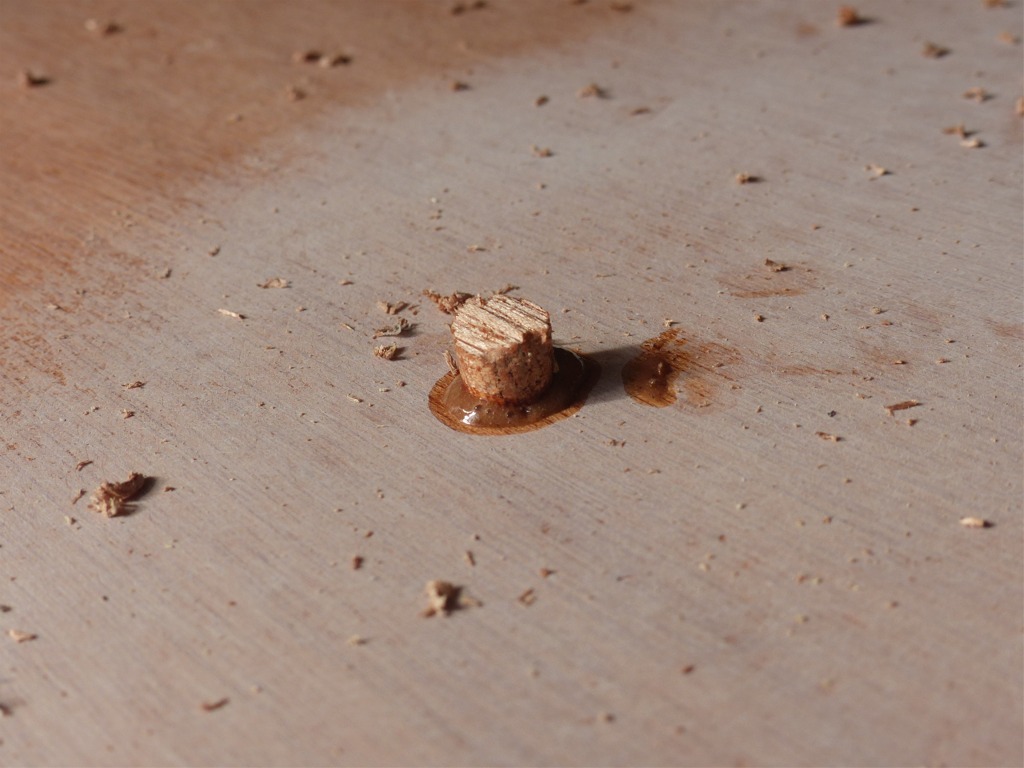 A part les vis de bord qui sont viss&eacute;es dans la serre bauqui&egrave;re, et seront cach&eacute;es par le joint-cong&eacute; entre le pont et le pavois, chaque vis est recouverte par un bouchon tronconique en okoum&eacute;. Il sera aras&eacute; au niveau du pont lorsque l'&eacute;poxy aura durci. La teinte plus grise du contreplaqu&eacute; montre les endroits o&ugrave; j'ai ponc&eacute; (tr&egrave;s fin) afin d'effacer les marques de positionnement des vis. 