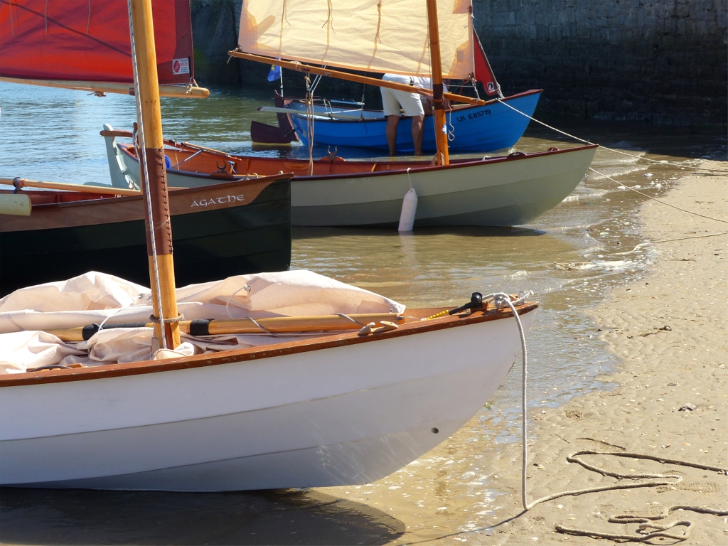 Denis, skipper du Skerry "Keleren", habite sur les bords de la Rance et navigue habituellement sur ce joli plan d'eau. Il nous avait proposé de participer à une journée de "prologue" le vendredi précédent la Fête des Doris, et nous nous sommes finalement retrouvés vendredi à midi à 7 bateaux à la cale de Mordreuc (sur la commune de Pleudihen). On voit ici le Skerry "La Marie Pupuce" de Gérard, puis le Silmaril "Agathe" construit par Hervé, que je vois "en vrai" pour la première fois depuis son lancement en mai de cette année, le Skerry "Babyole" de Claude et "Enfin!", le Whilly Boat d'un second Hervé, déjà vu au Rassemblement du Lac d'Orient et à la Semaine du Golfe. 