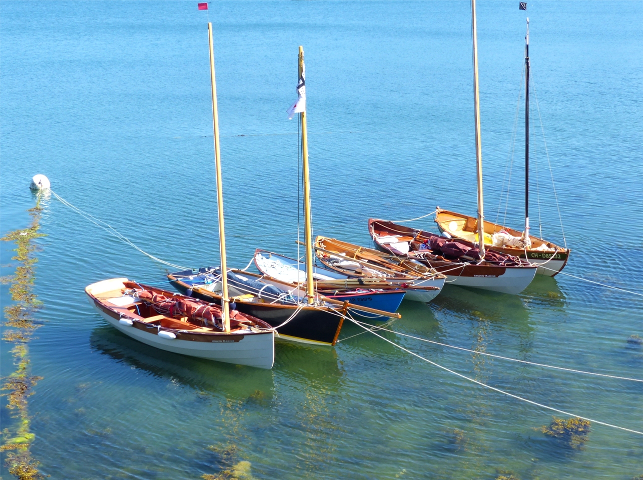 Notre flottille au mouillage sur le va-et-vient qui nous permet de la garder à flot presque à toute heure de marée. 