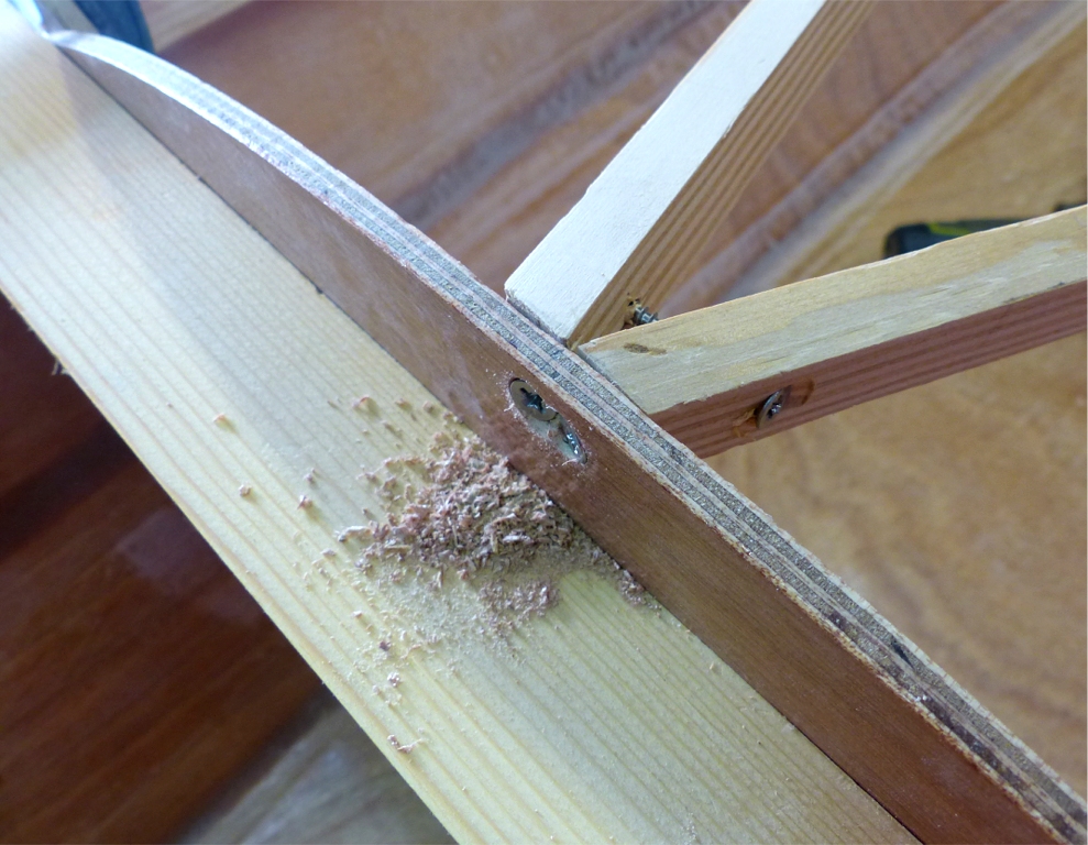 Gros plan sur les trois vis qui tiennent la pointe avant des &eacute;longis : deux vis &agrave; travers la cloison avant et une vis &agrave; travers les deux &eacute;longis. 