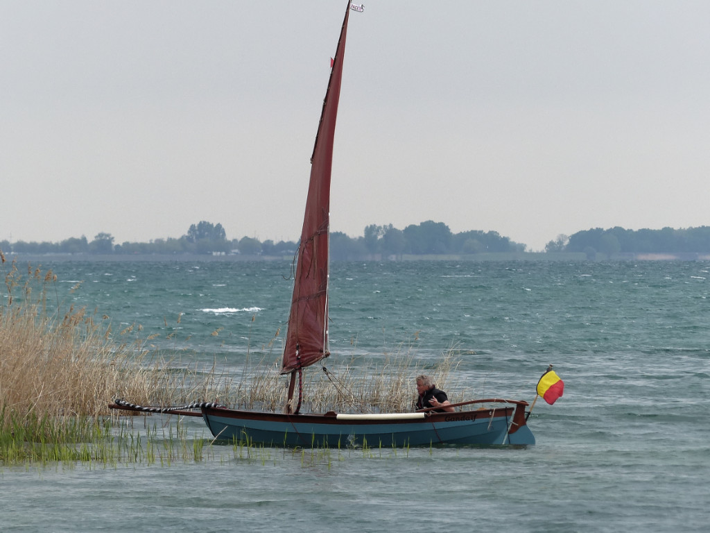 Le vent a forci soudainement comme le montrent les moutons sur le lac, et William a continué à tirer des bords sous spi entre la plage et l'église, et il a fini par chavirer ! Il a redressé rapidement "Gandalf" après avoir roulé le spi et le voici qui arrive au bord, "Gandalf" encore à moitié plein d'eau, que ses deux pompes électriques sont en train d'évacuer.