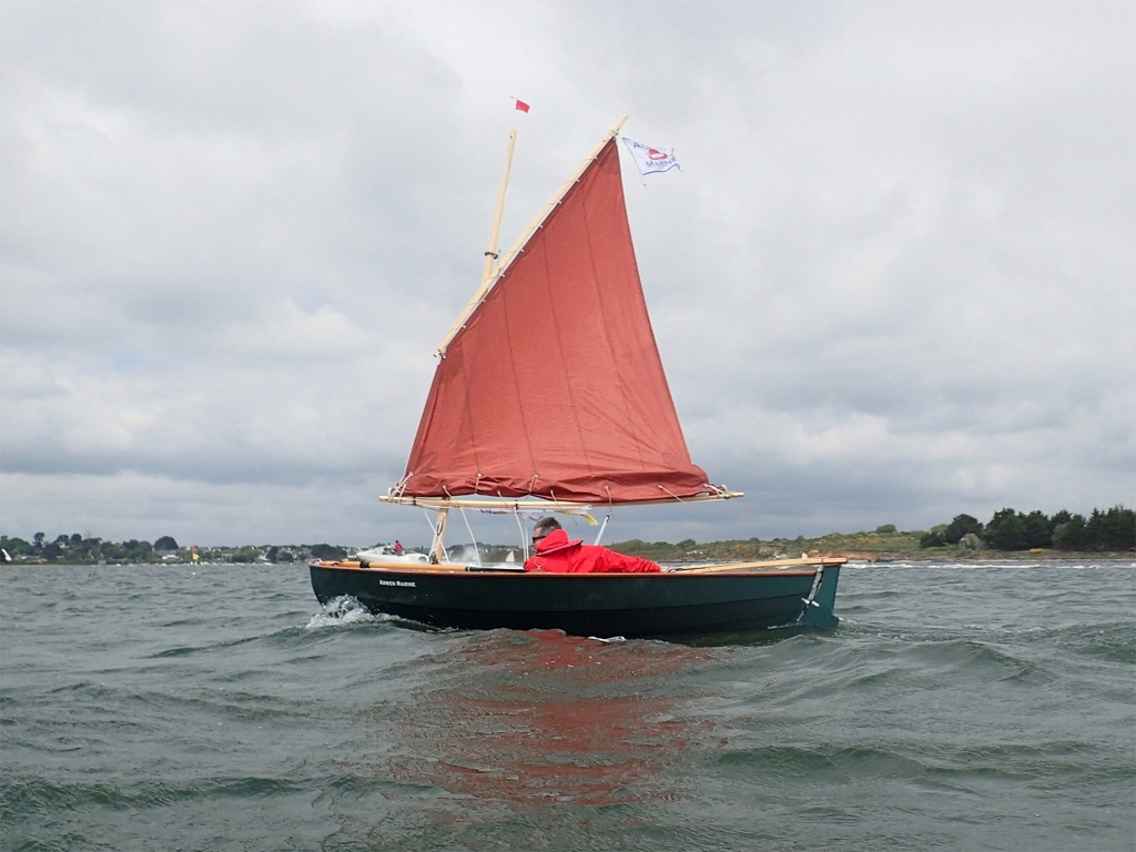 Pour gagner du poids, tous mes espars sont creux et je m'aper&ccedil;ois que la b&ocirc;me est de section insuffisante : elle cintre fortement sous l'effet du palan de guidant : il faudra que j'en refasse une nouvelle plus rigide. 