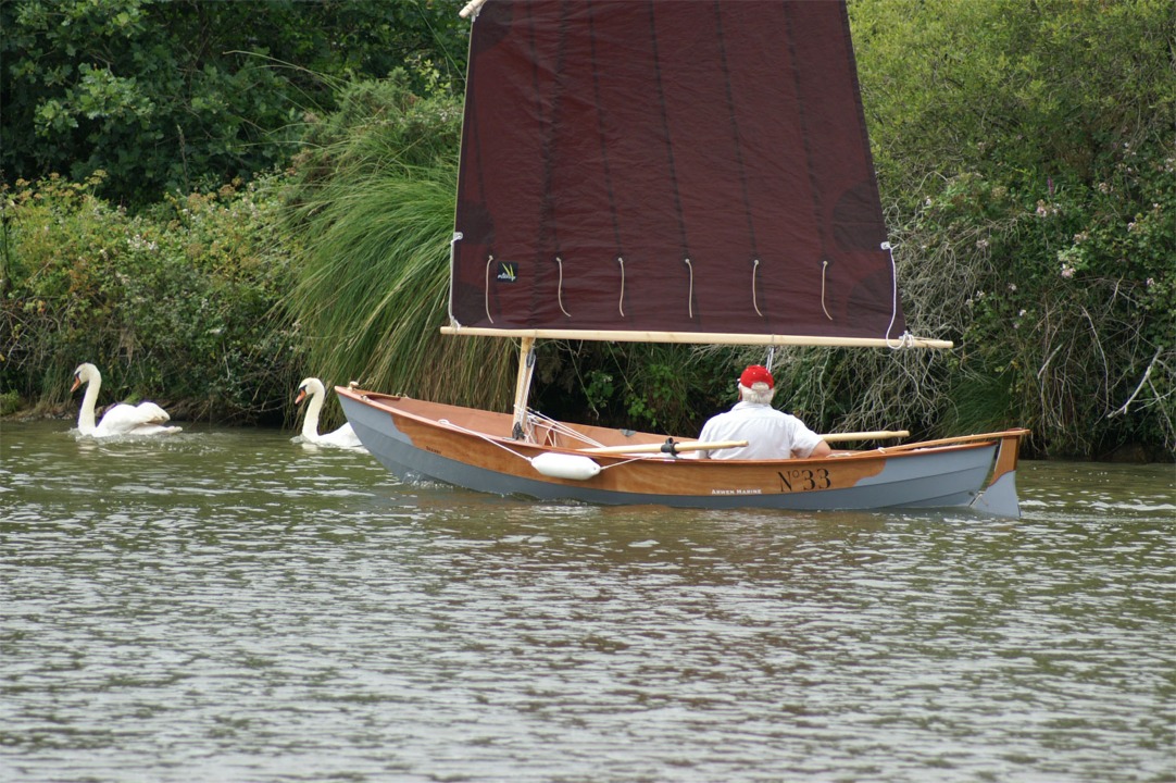 Magnifique image du Skerry navigant de conserve avec deux cygnes sur la Rance 
