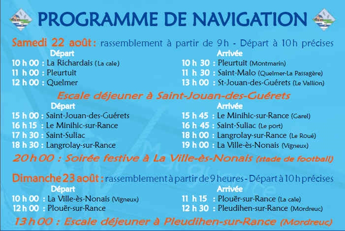 En effet, nous mettrons les bateaux à l'eau à La Richardais pour le départ du samedi matin, comme l'indique le programme ci-dessus. 