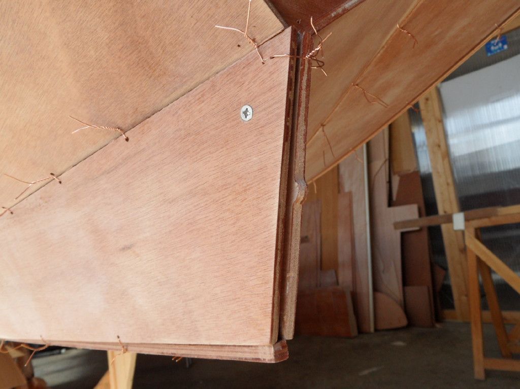 Du coup, nous mettons aussi une vis du côté bâbord. Notez au passage le petit "téton" sur la face arrière de la virure N°1 tribord : il fait partie de la codification utilisée par François Vivier. 