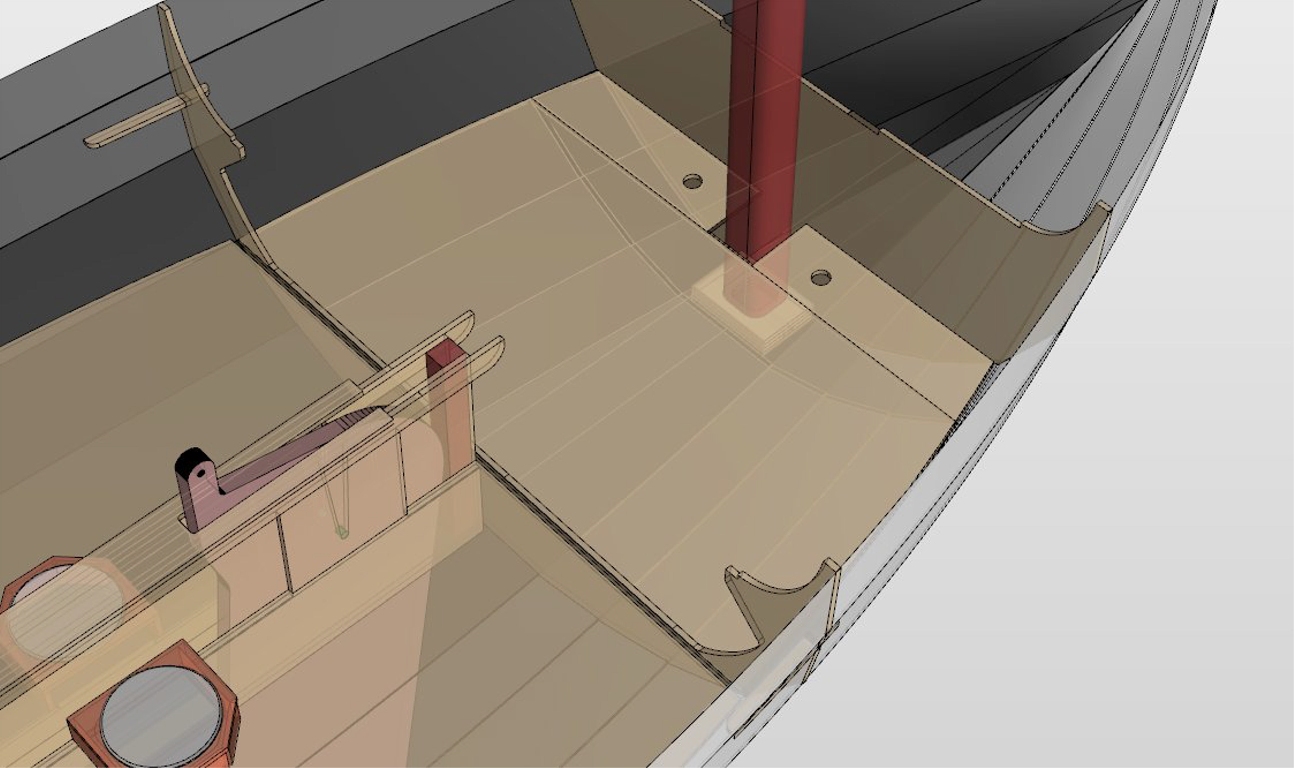 Fran&ccedil;ois Vivier m'a envoy&eacute; cette vue 3D de l'int&eacute;rieur du Silmaril, nouvelle version. En effet, &agrave; la demande de Benoit, qui va construire avec moi le N&deg;3, nous avons ferm&eacute; la "fosse avant" qui se trouve au pied du m&acirc;t au m&ecirc;me niveau que le dessus du ballast. Cette modification a deux int&eacute;r&ecirc;ts : tout d'abord on augmente significativement le volume de flottabilit&eacute; global tout en r&eacute;duisant le volume d'eau qui devrait &ecirc;tre &eacute;cop&eacute; suite &agrave; un gros incident comme un chavirage. En second lieu, on prolonge la plateforme constitu&eacute;e par le dessus du ballast &agrave; une longueur de 1.84 m, ce qui permet d'&eacute;taler deux couchages &agrave; plat de part et d'autre du puits de d&eacute;rive et permet d'envisager de cabaner. 