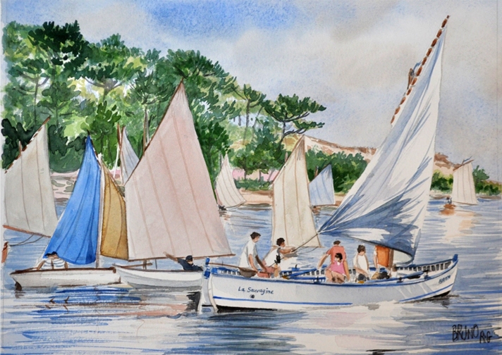 Je reproduis ci-dessus la magnifique aquarelle de l'affiche du rassemblement voile-aviron organis&eacute; par l'association "La Pinasse Boucalaise" sur le lac de Soustons dans les Landes les 26 et 27 septembre prochains.